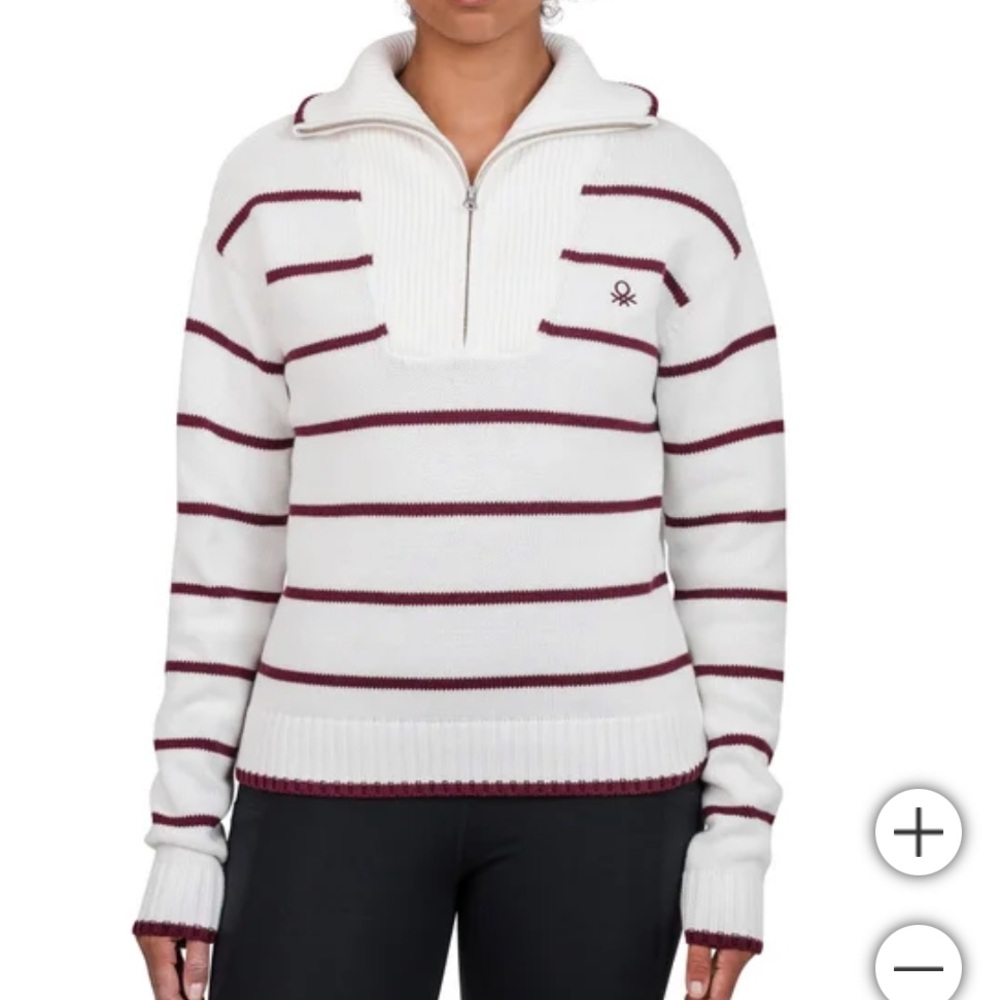 UNITED COLORS OF BENETTON White Zip-Neck Sweater with Burgundy Stripes
